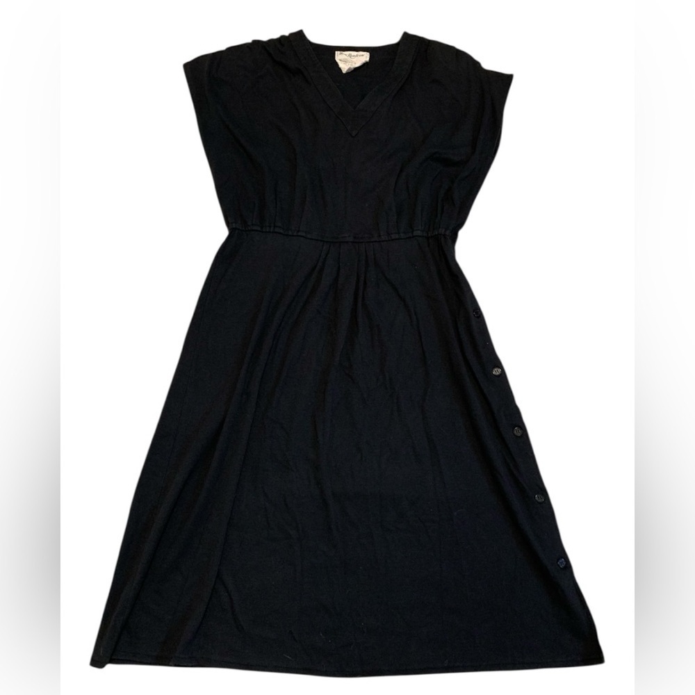 VINTAGE Holt Renfrew Black Cotton Blend A-Line Midi Dress Cap Sleeve Size 12